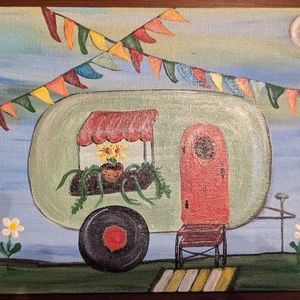 Original Art Acrylic Painting OOAK One of a Kind Vintage Airstream Camper